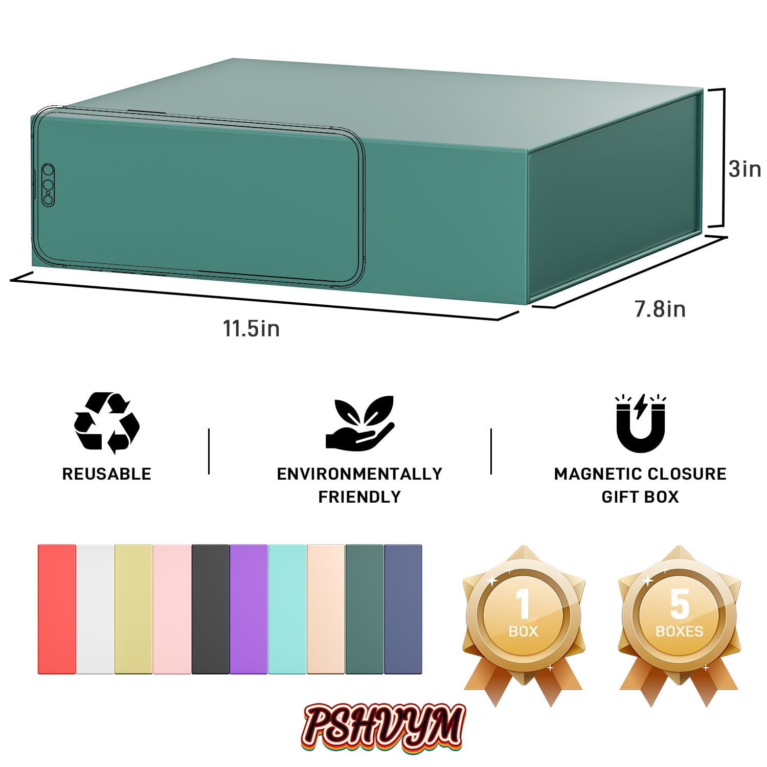 PSHVYM Gift Boxes with Lids, 11.5x7.8x3 In Forest Green Gift Box for Presents Magnetic Closure for T-Shirts, Gloves, Scarves, Books, Baby Clothes, Robes Clothing Gift Wrap, Contains Card, Ribbon