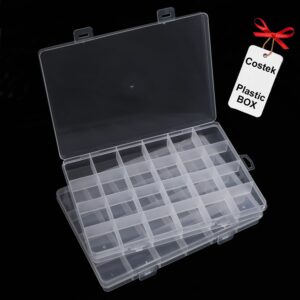 2 pack 24 grids clear plastic organizer box fixed compartment storage container for craft, beads, jewelry, small parts, 7.4x5.1x0.86 inch