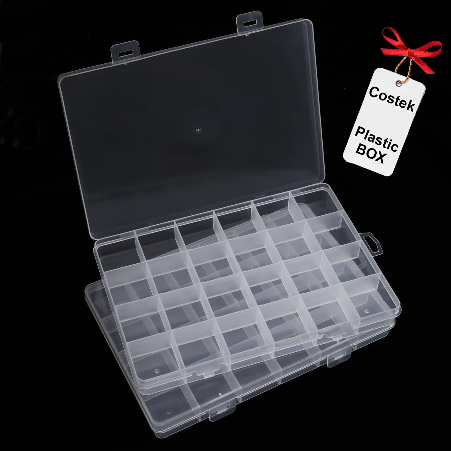 2 Pack 24 Grids Clear Plastic Organizer Box Fixed Compartment Storage Container for Craft, Beads, Jewelry, Small Parts, 7.4X5.1X0.86 INCH