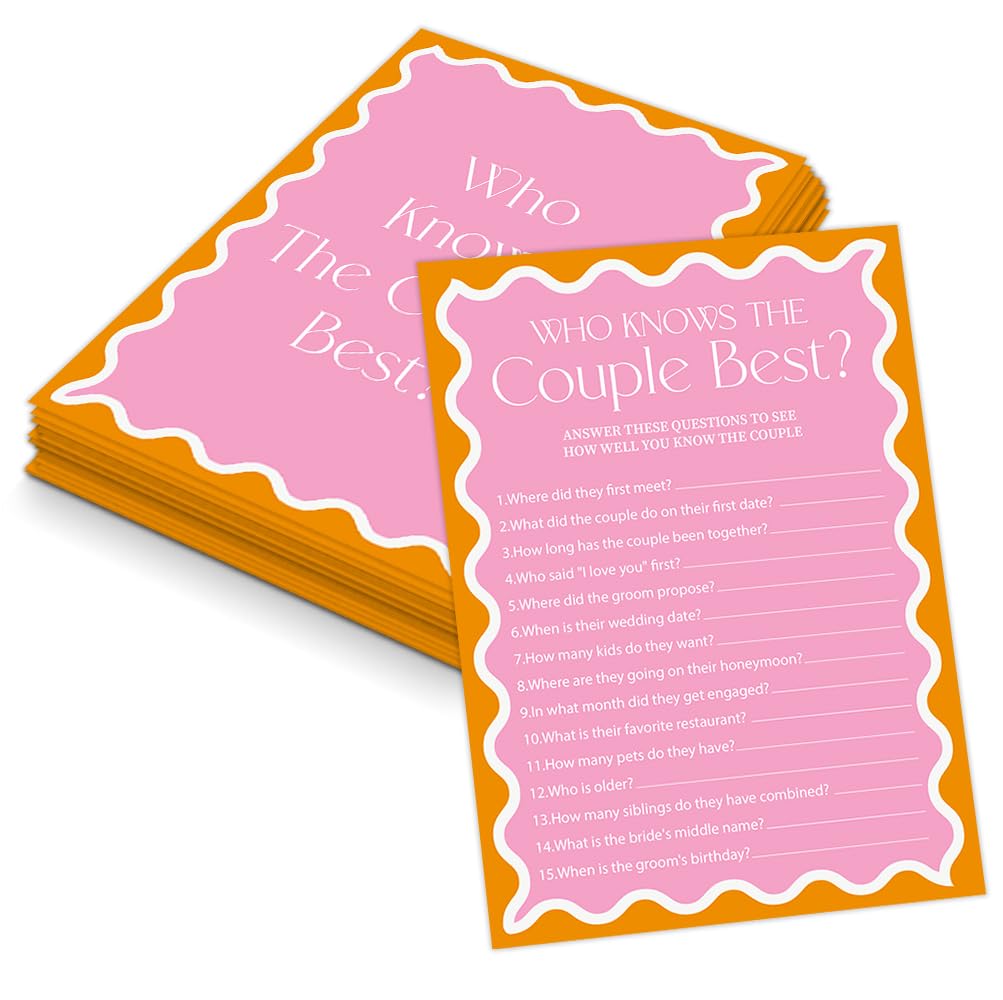 Pink Wavy Border Who Knows The Couple Best Game for 30 Guests with Game Cards, Wavy Border Bridal Shower Game, Modern Bridal Shower Decorations, Wedding Shower or Bachelorette Party Supplies - 03