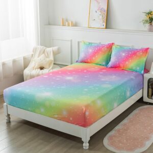 ADASMILE A & S Rainbow Sheets Twin Size for Girls Tie Dye Pastel Girls Sheet Set for Kids Teens Glitter Girly Rainbow Bedding Set 1 Fitted Sheet 1 Flat Sheet 1 Pillowcase Soft Microfiber Home Decor