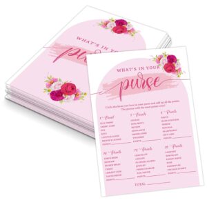 pink floral what's in your purse game for 30 guests with game cards, hot pink floral bridal shower game, modern bridal shower decorations, wedding shower or bachelorette party supplies - 01