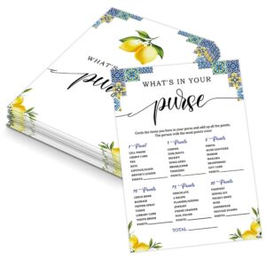 blue tiles and lemons what's in your purse game for 30 guests with game cards, lemons bridal shower game, modern bridal shower decorations, wedding shower or bachelorette party supplies - 02