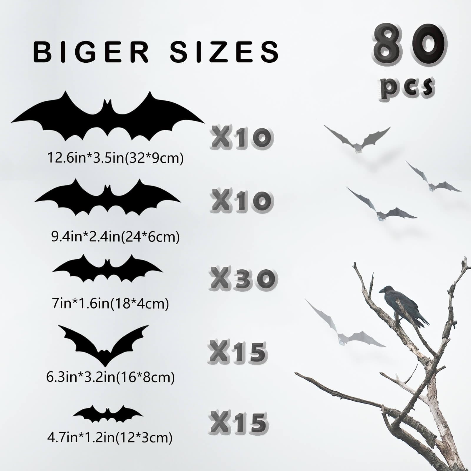 Halloween Bats Wall Decor, 80 Pcs 3D Plastic Bats Decorations Party Supplies Reusable DIY Decorative PVC Black Scary Large Bat Stickers Indoor Outdoor Gothic Decals for Window Office Kitchen Bathroom