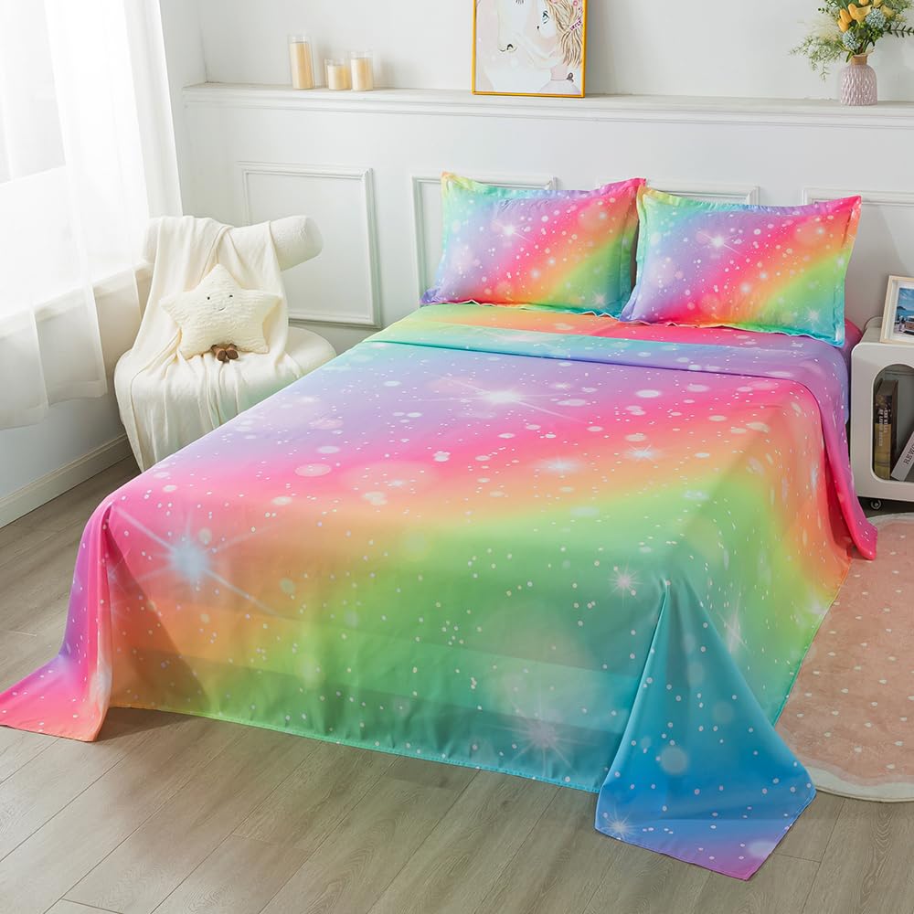 ADASMILE A & S Rainbow Sheets Twin Size for Girls Tie Dye Pastel Girls Sheet Set for Kids Teens Glitter Girly Rainbow Bedding Set 1 Fitted Sheet 1 Flat Sheet 1 Pillowcase Soft Microfiber Home Decor