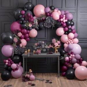 Black Pink Purple Balloons Double Stuffed Pastel Lavender Lilac Balloon Garland Dusty Mauve Plum Balloon Arch Kit For Halloween Wednesday Baby Shower Birthday Wedding Party Decoration