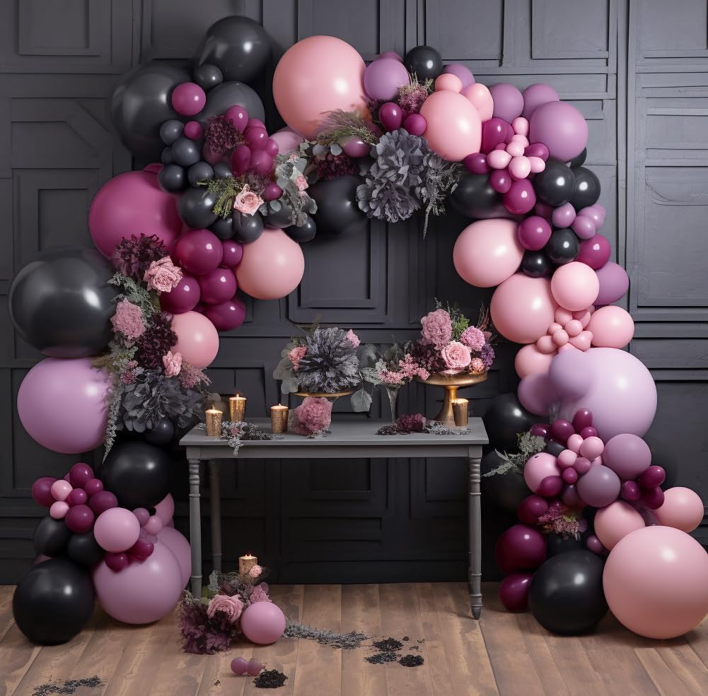 Black Pink Purple Balloons Double Stuffed Pastel Lavender Lilac Balloon Garland Dusty Mauve Plum Balloon Arch Kit For Halloween Wednesday Baby Shower Birthday Wedding Party Decoration