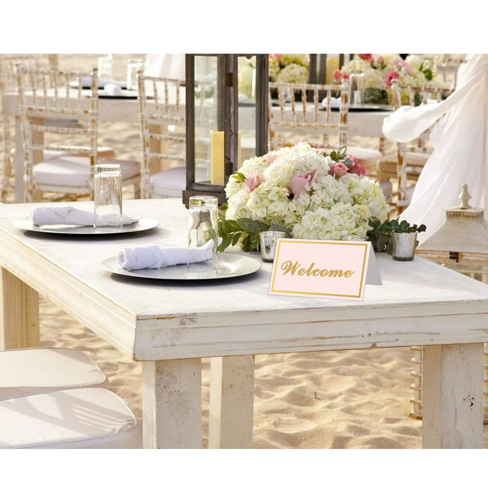 Blank Table Tent Place Cards with Gold Foil Border for Wedding Rception,Birthday Events,Dinner Parties Cards,100 Pcs （3.5x2 inch,pink）