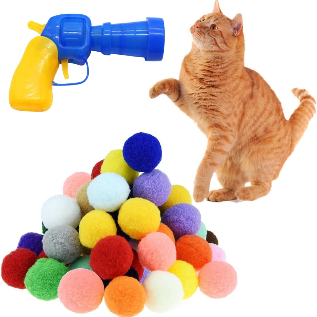 Shizhoo 31 Pcs Cat Toy Ball Launcher Gun,Cat Fetch Toy Gun Shooter, Plush Ball Shooting Gun with 30Pcs Pom Pom Balls, Funny & Fuzzy Toys Interactive for Indoor Cats (3.0 CM with Ball Gun)