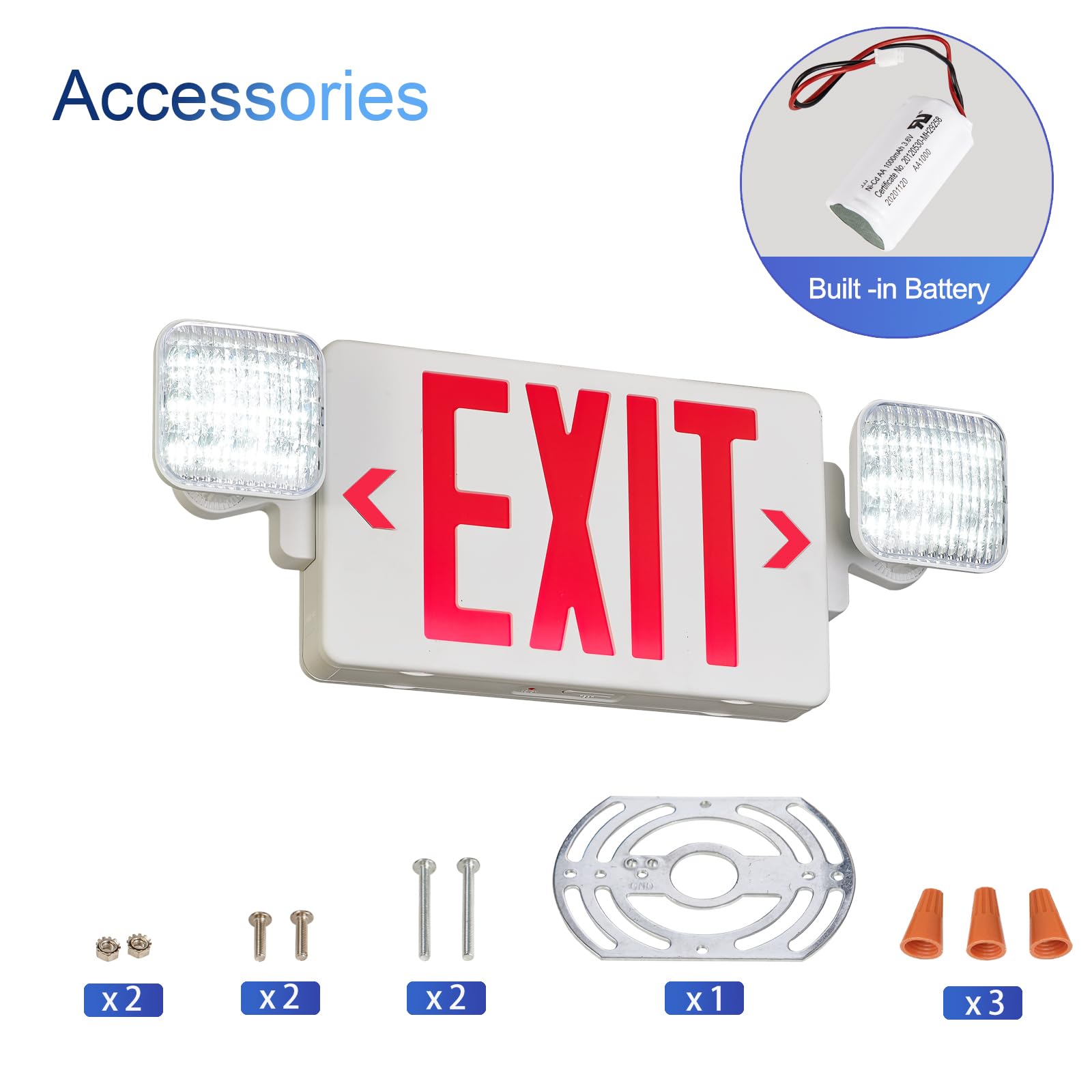 CM MZY LED Exit Sign with Emergency Lights,Exit Sign Lights with Battery Backup, Red Letter Emergency Exit Sign Lights with Two Adjustable Heads,AC 120-277V, UL Certified1PCS