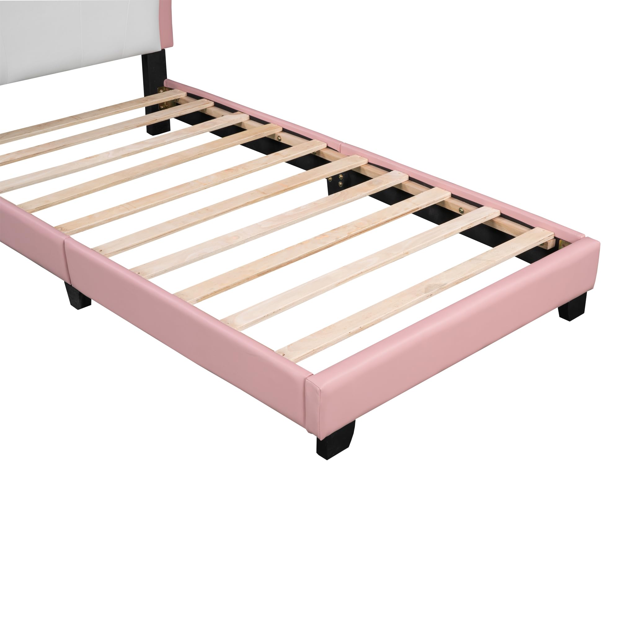 Aiuyesuo Elegant Twin Size Upholestered Princess Bed with Crown Headboard, PU Leather Platform Bed with Sturdy Slatted Support for Kids Girls Teens (Pink+White-Twin)