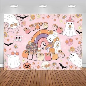 mocsicka halloween bachelorette party backdrop let's go ghouls bridal shower party decorations retro groovy hippie ghost boo wedding engagement cake table banner (pink, 8x6ft(96''x72''))