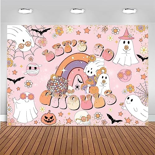 Mocsicka Halloween Bachelorette Party Backdrop Let's Go Ghouls Bridal Shower Party Decorations Retro Groovy Hippie Ghost Boo Wedding Engagement Cake Table Banner (Pink, 8x6ft(96''x72''))