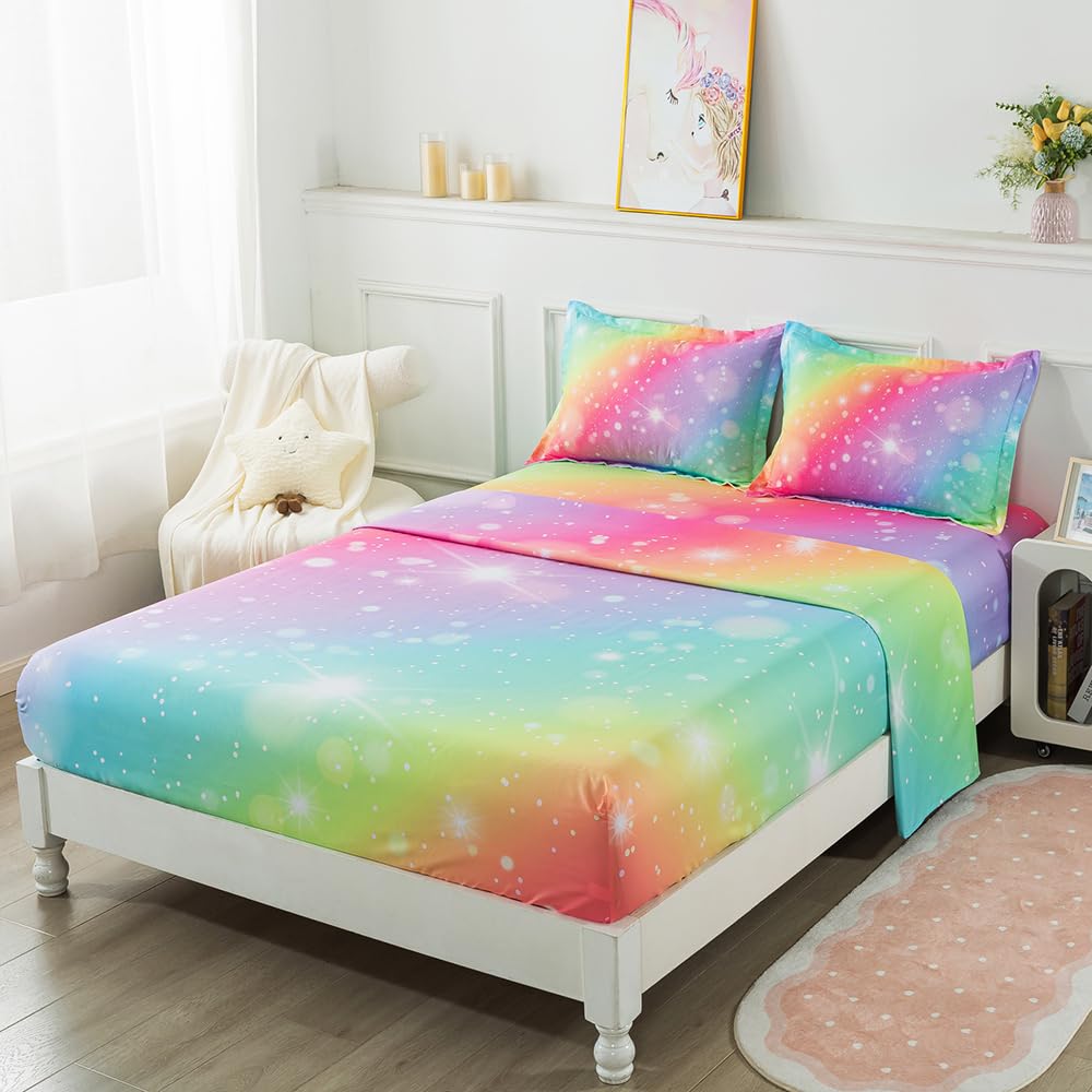 ADASMILE A & S Rainbow Sheets Twin Size for Girls Tie Dye Pastel Girls Sheet Set for Kids Teens Glitter Girly Rainbow Bedding Set 1 Fitted Sheet 1 Flat Sheet 1 Pillowcase Soft Microfiber Home Decor