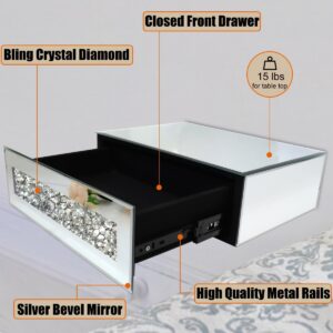 Mirrored Floating Bedside Nightstand with Drawer, Wall Mounted Silver Glass Crystal Diamond Bling Decoration Organizer for Bedroom, Living Room, Small Space, 14.5"×11.5"×4.5"