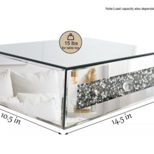 Mirrored Floating Bedside Nightstand with Drawer, Wall Mounted Silver Glass Crystal Diamond Bling Decoration Organizer for Bedroom, Living Room, Small Space, 14.5"×11.5"×4.5"