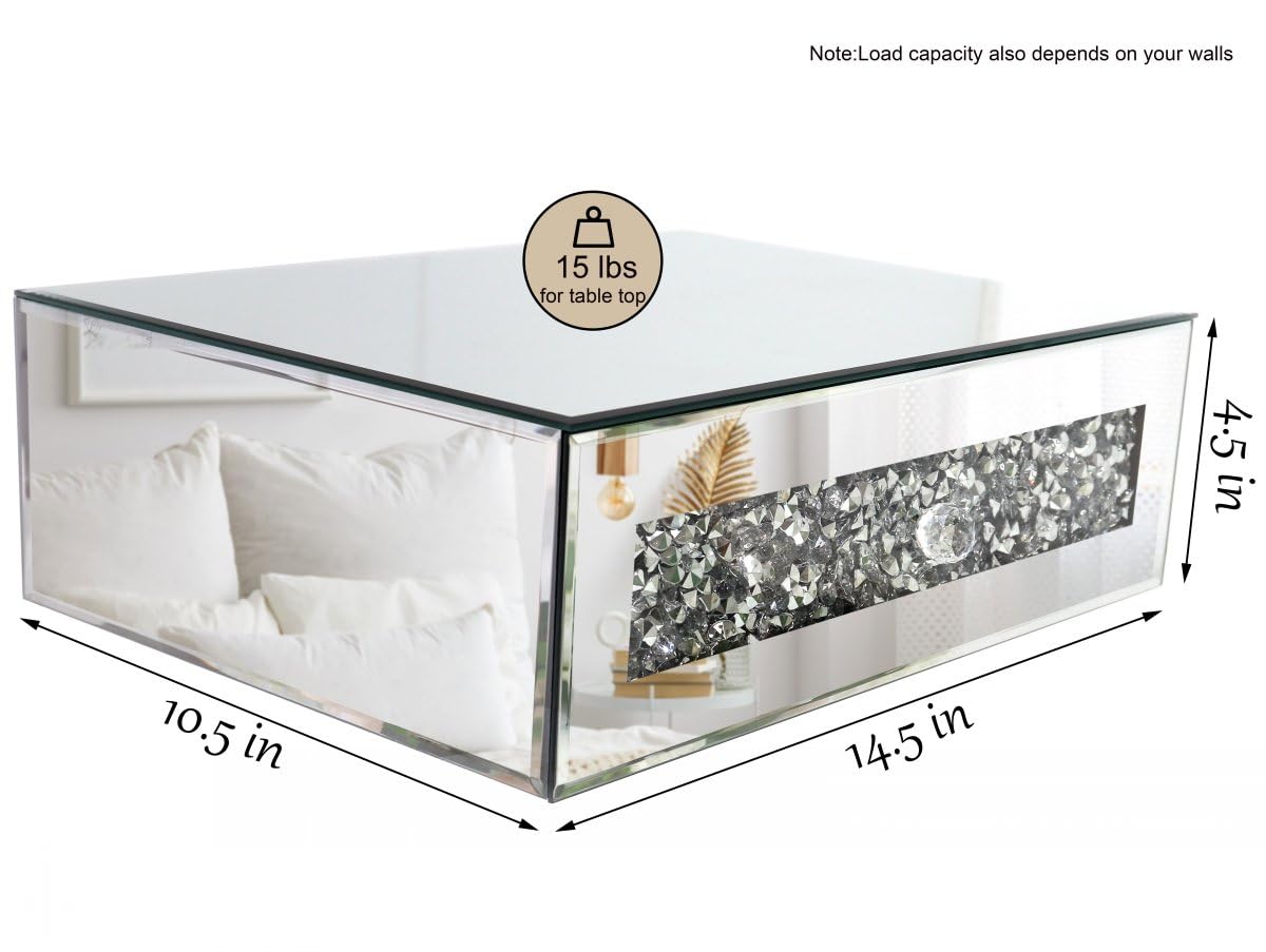 Mirrored Floating Bedside Nightstand with Drawer, Wall Mounted Silver Glass Crystal Diamond Bling Decoration Organizer for Bedroom, Living Room, Small Space, 14.5"×11.5"×4.5"