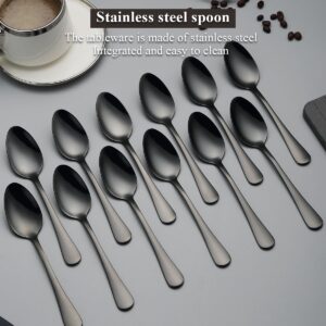 Evanda Black Dinner Spoons 12 Pieces, Black Titanium Plating Stainless Steel 7.28inch Spoons, Dessert Spoons, Table Spoon, Soup Spoons, Easy To Clean, Dishwasher Safe