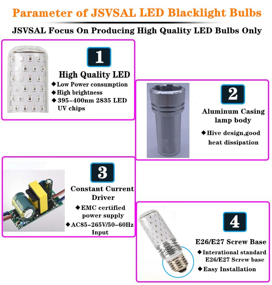 JSVSAL LED Black Lights Bulb Dimmable,10W Blacklight 100W Equivalent, AC 85-265V E26 Medium Base,UVA Level 395-400nm,Glow in The Dark for Body Paint,Blacklights Party,Fluorescent Poster (2-Pack)