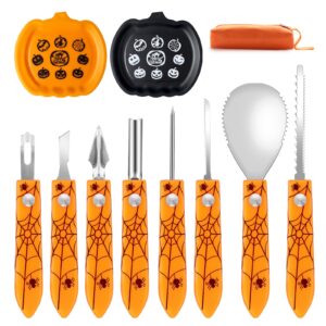 zacsync halloween pumpkin carving kit, 10pcs professional pumpkin carving tools set, heavy duty stainless steel sculpting tool for kids or adults, pumpkin carving knife with plates for halloween