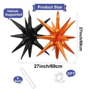 6 Pieces 27 Inches Black Orange Explosion Balloons, Large 14-Pointed One-Piece Cone Stars Fireworks Aluminum Foil Balloons for Halloween Birthday Graduation Backdrop Party Decorations