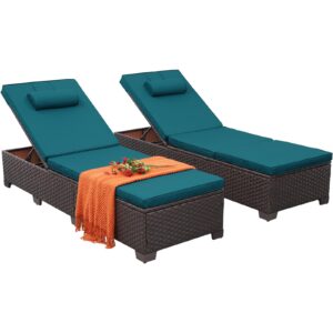 Rattan Star Outdoor Chaise Lounge Set of 2 Brown Wicker Patio Chaise Lounge Chairs Pool Lounge Chairs Multi-Angle Adjustable Backrest with Peacock Blue Cushions and Headrest