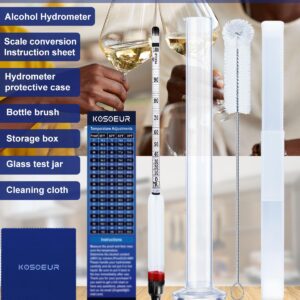 Hydrometer Alcohol Meter Kit, Hydrometer Alcohol 0-200 Proof and Tralle, Alcohol Tester for Liquor, Alcohol Hydrometer for Moonshine, Liquor, Spirits, Proofing, Distilling, with Hydrometer Test Jar