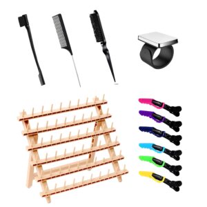 laflare braiding rack for hair with comb set & braid gel wristband & hair clip, hair rack (hair extension holder with 60 pegs,) with hair braiding accessories (wood color combo4)