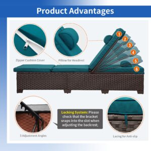 Rattan Star Outdoor Chaise Lounge Set of 2 Brown Wicker Patio Chaise Lounge Chairs Pool Lounge Chairs Multi-Angle Adjustable Backrest with Peacock Blue Cushions and Headrest