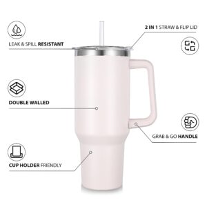 40 oz Tumbler with Handle and Straw, Insulated Stainless Steel Tumbler with 2 In 1 Lid, Double Vacuum Travel Mug Coffee Cup, Rose Quartz Pack 1