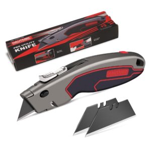 hautmec heavy duty utility knife with dual cutting mechanism，safety auto-retracting and precision 3 position depth tough cutting, professional retractable box cutter with 3 black sk4 blades, ht0311