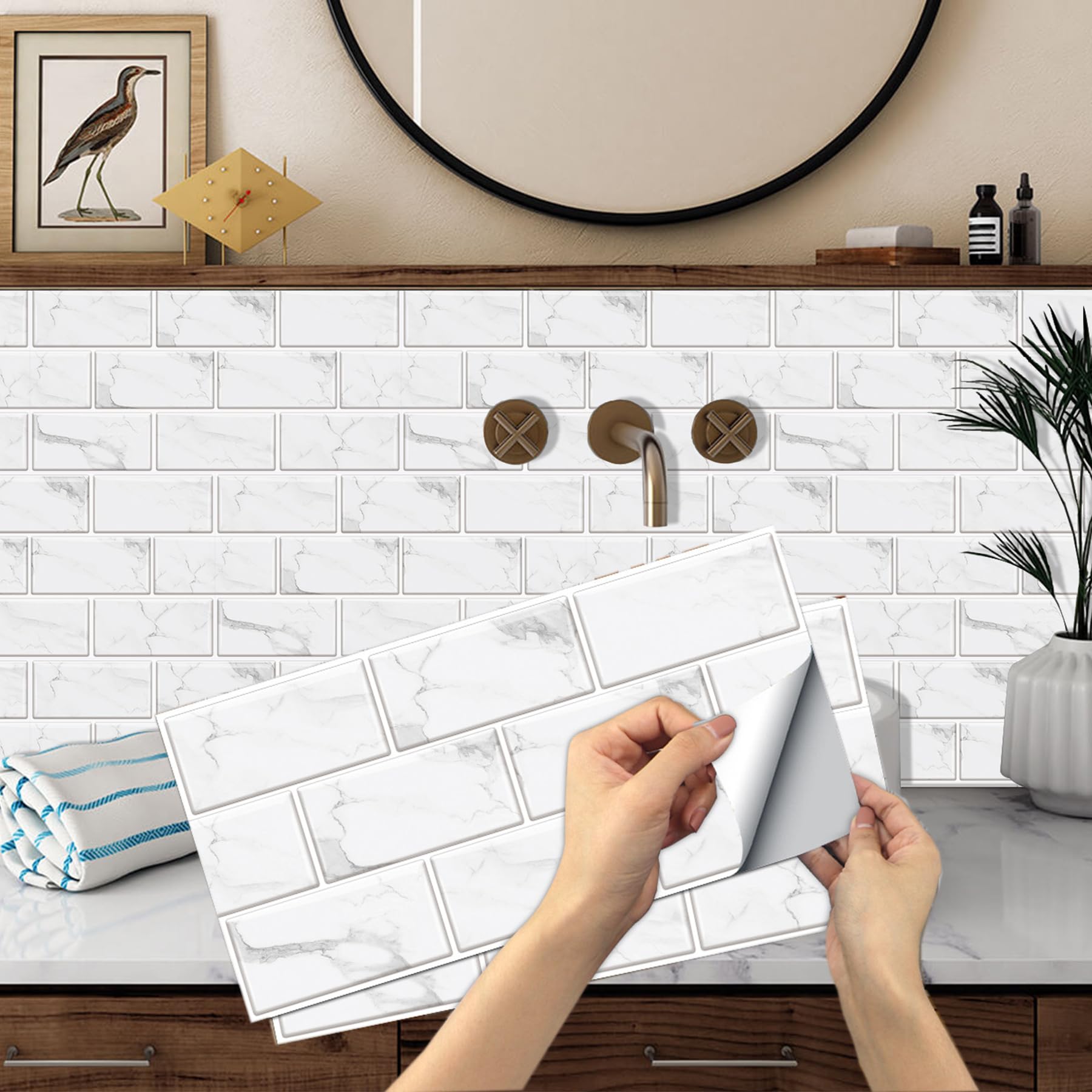 12-Sheet White Peel and Stick Wallpaper, Subway Tile 6''x12'' Self Adhesive Wall Tiles Waterproof PVC Stick on Backsplash Vinyl Decorative Tiles Stickers for Kitchen Bathroom