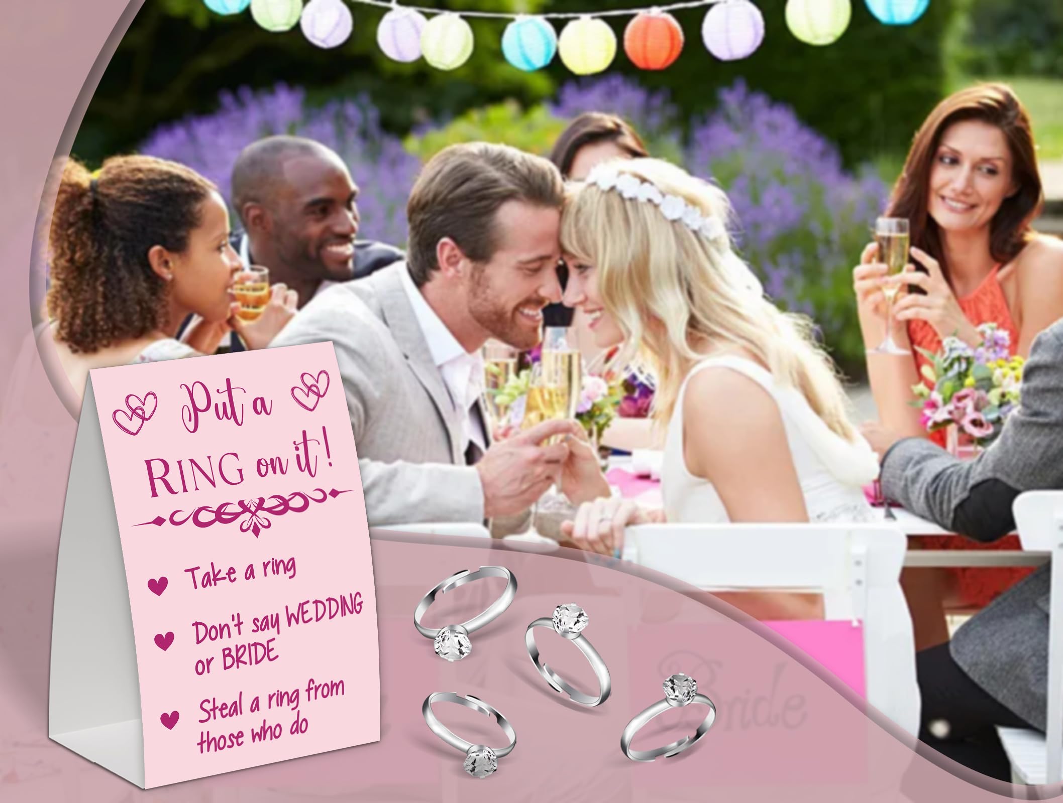 Bridal Shower Games Put A Ring on It,Bridal Shower Decorations,Wedding Game card with Pink Style Rose Red Font,Engagement Party Games,Bridal Shower Favors,Plastic Rings for Bridal Shower Game(14)