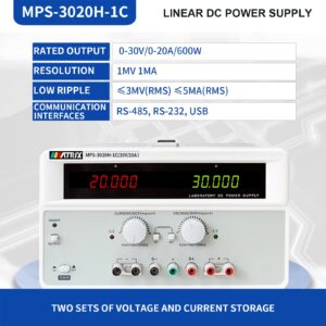 DC Power Supply Variable 30V 20A, Single Channel Linear Bench DC Power Supply High Precision with Voltage Compensation, Adjustable Power Supply with 3 Interface USB/RS232/RS485(MPS-3020H-1C)