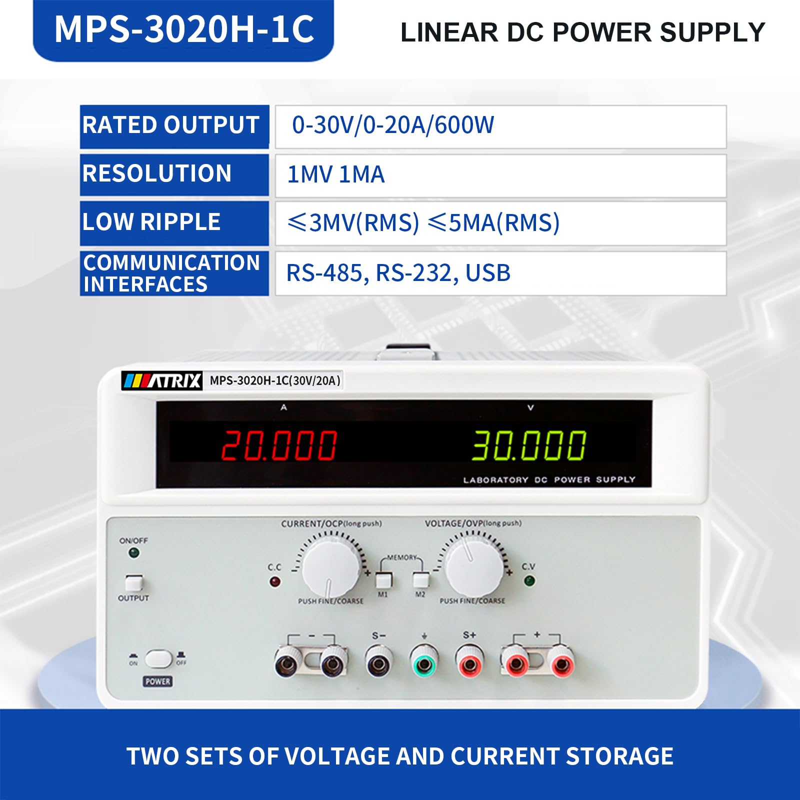 DC Power Supply Variable 30V 20A, Single Channel Linear Bench DC Power Supply High Precision with Voltage Compensation, Adjustable Power Supply with 3 Interface USB/RS232/RS485(MPS-3020H-1C)