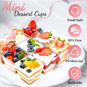 TOFLEN 50 Pack 3.5 oz Plastic Dessert Cups with Spoons for Party, Mini Square Dessert Cups for Yogurt, Parfait, Pudding, Jello and Appetizers, Dessert Shooters