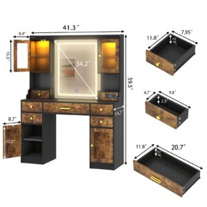 Dnxao Large Make up Vanity Desk with Mirror and Lights,3 Lights Mode and Brightness Adjusted by Touch Button, Built-in Power Strip and 6 Drawers,4 cabinets,2 cabinets with RGB Lights, Rustic Brown