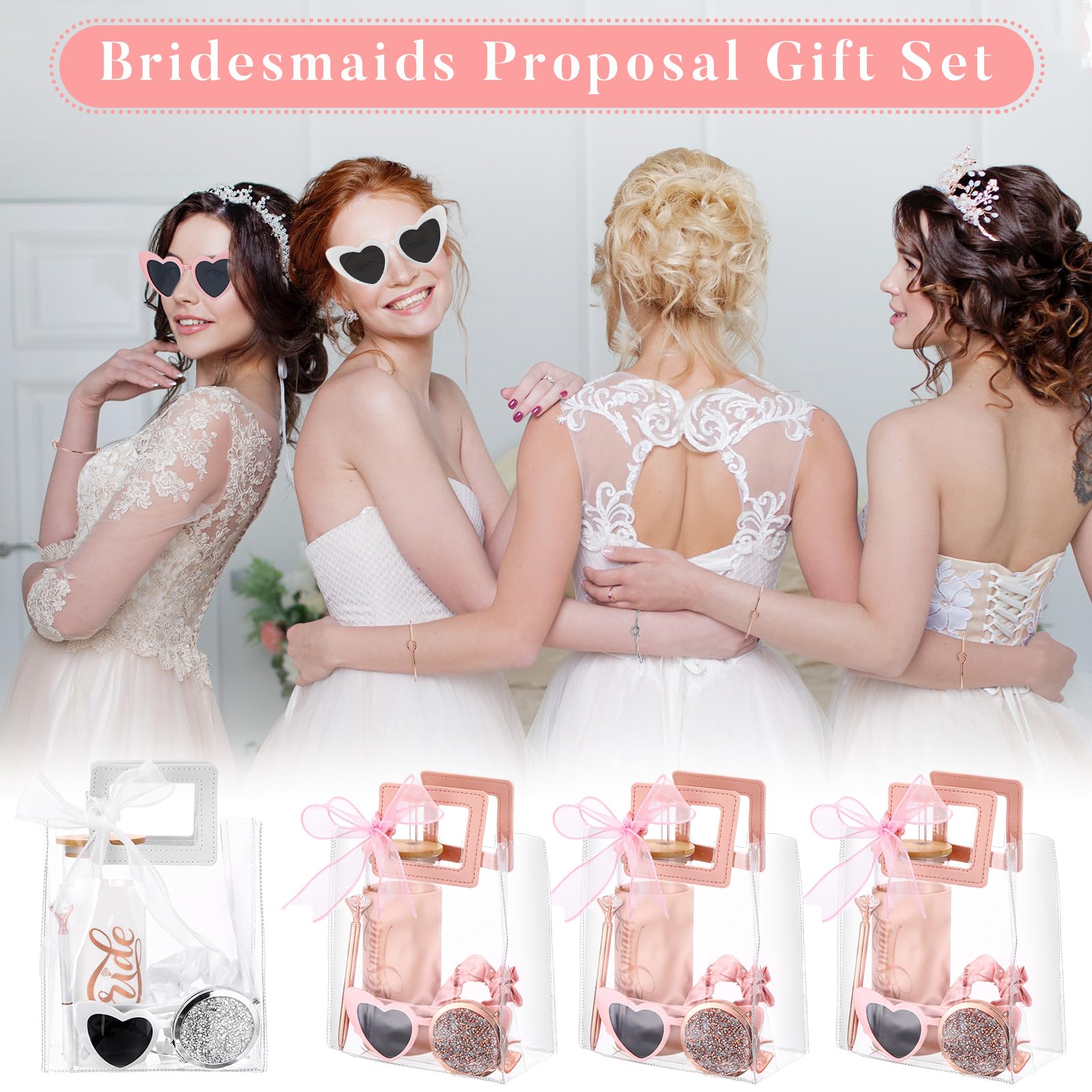 Tioncy 56 Pcs Bridesmaids Proposal Gifts Including Wedding Bridesmaid Tumblers with Lids and Straw Pen Bags Sunglasses Hair Scrunchies Mirrors Knotted Bracelet Claw Clips PVC Bags Ribbons for Party