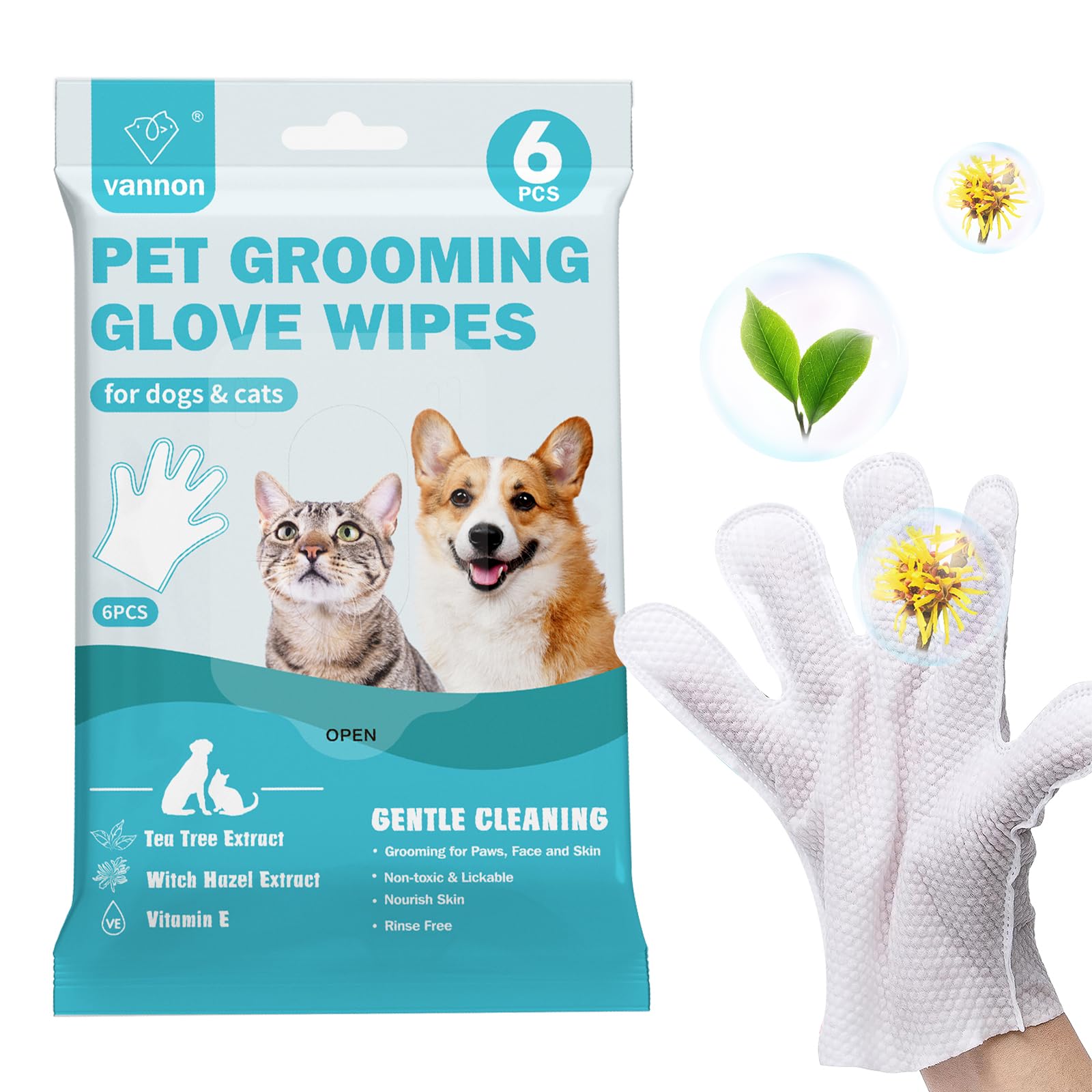 Vannon Extra Thick Pet Bathing Wipes for Dogs & Cats, Cleaning & Deodorizing Grooming Gloves, Nourish Fur Glove Wipes for Daily Care and Traveling, Rinse Free, Unscented, 6 PCS