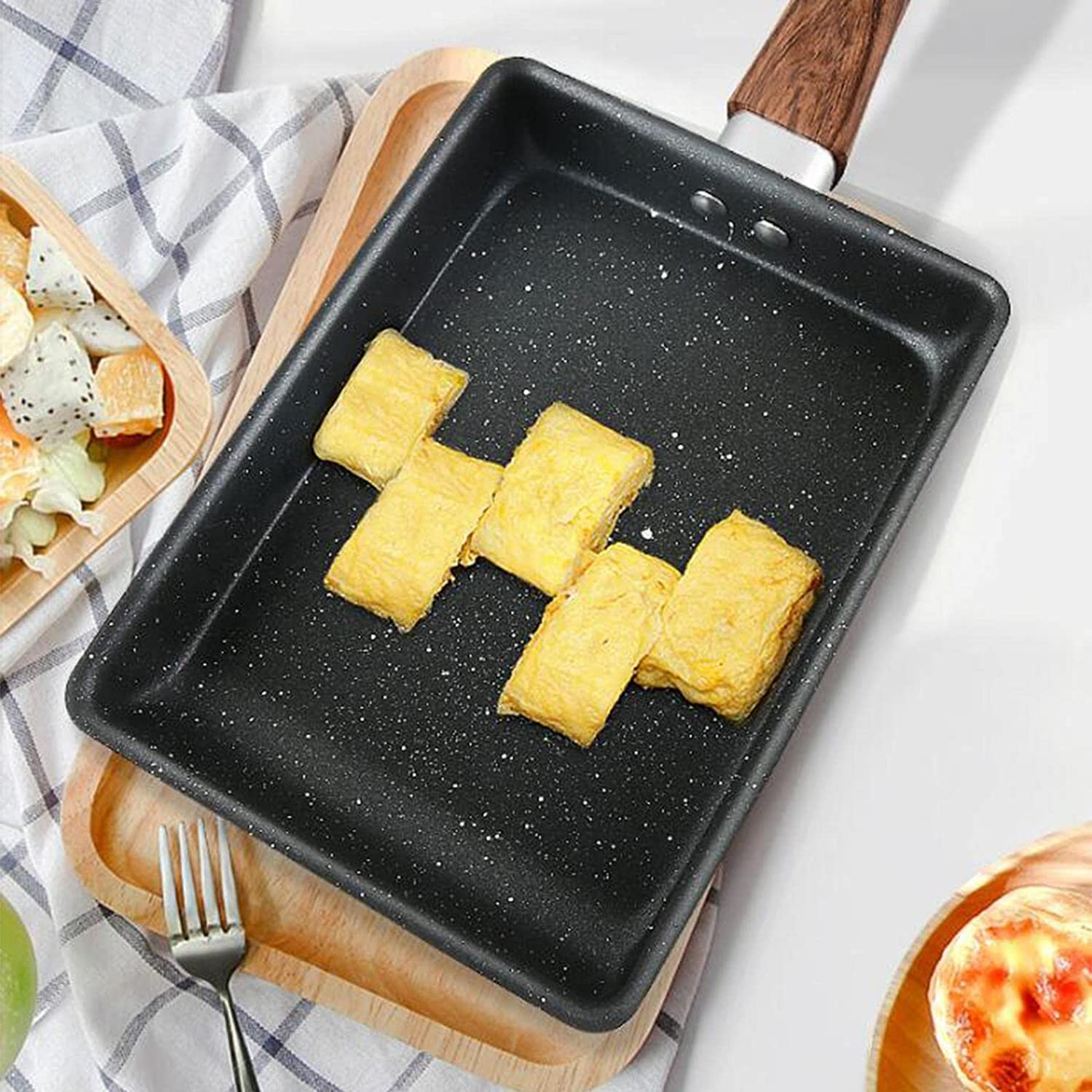 Sun Terriory Tamagoyaki Omelette Pan,Nonstick Cast Iron Egg Pan,Japanese Egg Pan,Rectangle Mini Frying Pan with Silicone Spatula & Brush,6.6×7.7inch,Black