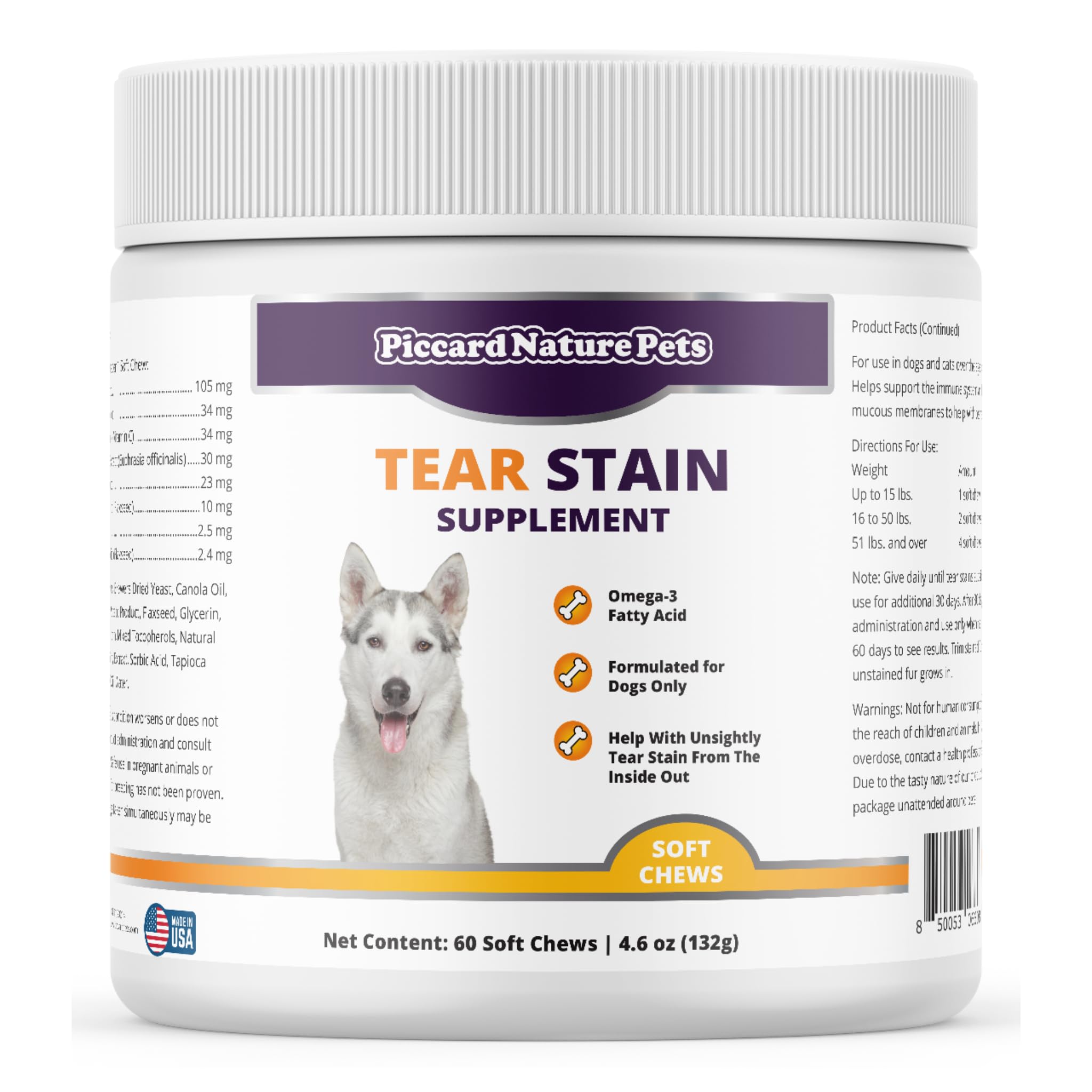 PiccardNaturePets Tear Stain Supplement with Lutein for Dogs 60 Chewable Tablets