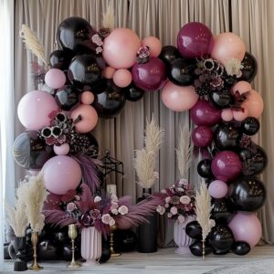 Black Pink Purple Balloons Double Stuffed Pastel Lavender Lilac Balloon Garland Dusty Mauve Plum Balloon Arch Kit For Halloween Wednesday Baby Shower Birthday Wedding Party Decoration