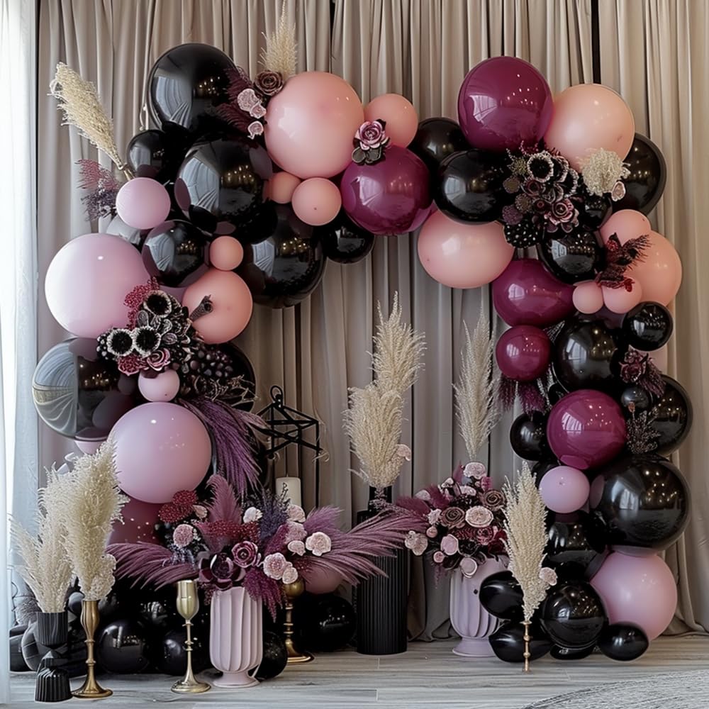 Black Pink Purple Balloons Double Stuffed Pastel Lavender Lilac Balloon Garland Dusty Mauve Plum Balloon Arch Kit For Halloween Wednesday Baby Shower Birthday Wedding Party Decoration