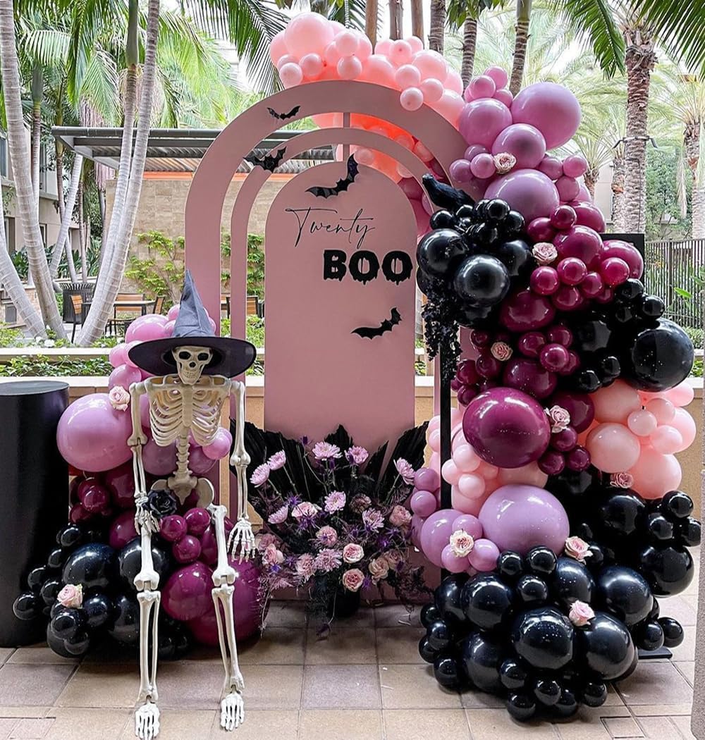 Black Pink Purple Balloons Double Stuffed Pastel Lavender Lilac Balloon Garland Dusty Mauve Plum Balloon Arch Kit For Halloween Wednesday Baby Shower Birthday Wedding Party Decoration