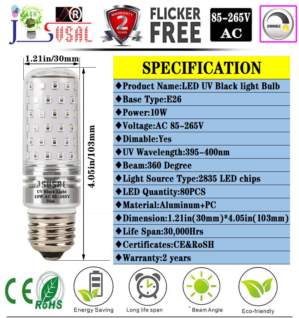 JSVSAL LED Black Lights Bulb Dimmable,10W Blacklight 100W Equivalent, AC 85-265V E26 Medium Base,UVA Level 395-400nm,Glow in The Dark for Body Paint,Blacklights Party,Fluorescent Poster (2-Pack)