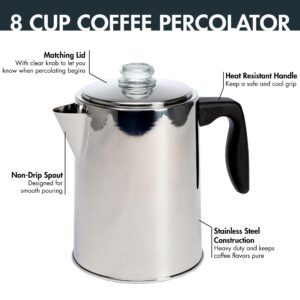 Primula Stovetop Coffee Percolator, Premium Stainless Steel Coffee Maker with Reusable Filter Basket, Non-Drip Spout, Glass Knob Brew Indicator and Heat Resistant Handle, Dishwasher Safe, 8 Cup