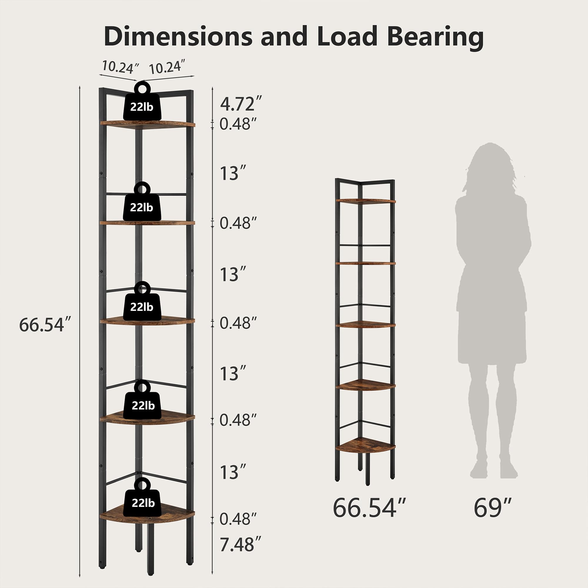 Tajsoon Narrow Corner Shelf Stand 5 Tier 66.5" Industrial Corner Ladder Shelves with Metal Frame, Multipurpose Tall Corner Bookshelf Bedroom, Living Room, Office, Kitchen, Rustic Brown