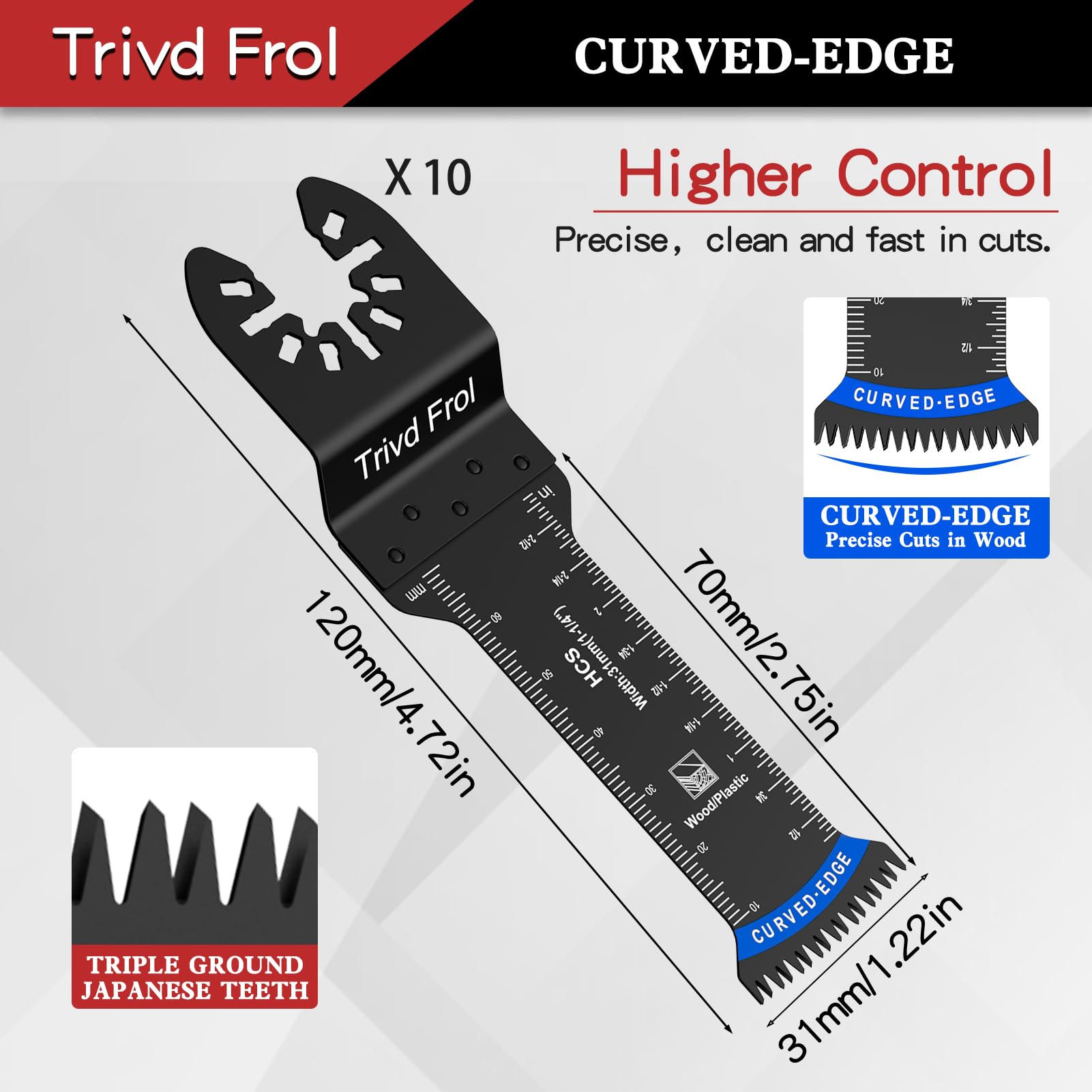 20 PCS Extra Long Oscillating Saw Blades, Curved Edge Bi-Metal and Japanese Teeth Multitool Blades Precise Cut for Wood Plastic Nails Metal, Multi Tool Blades Kits Fit Dewalt Milwaukee Bosch 70MM