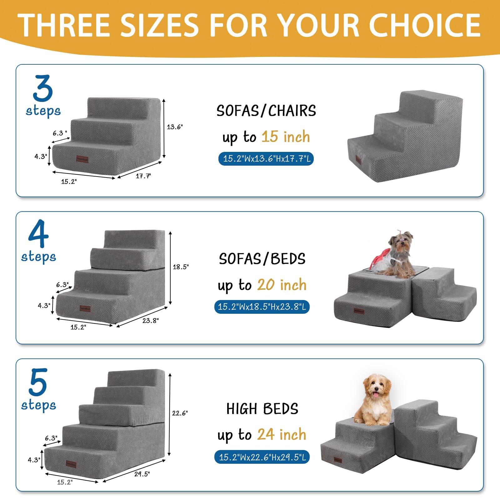 Dog Steps for Small Dog, 3-Step Dog Stairs for High Beds and Couch, Non-Slip Pet Stairs for Small Dogs and Cats,Dog Bed Stairs, Grey, 3/4/5 Steps