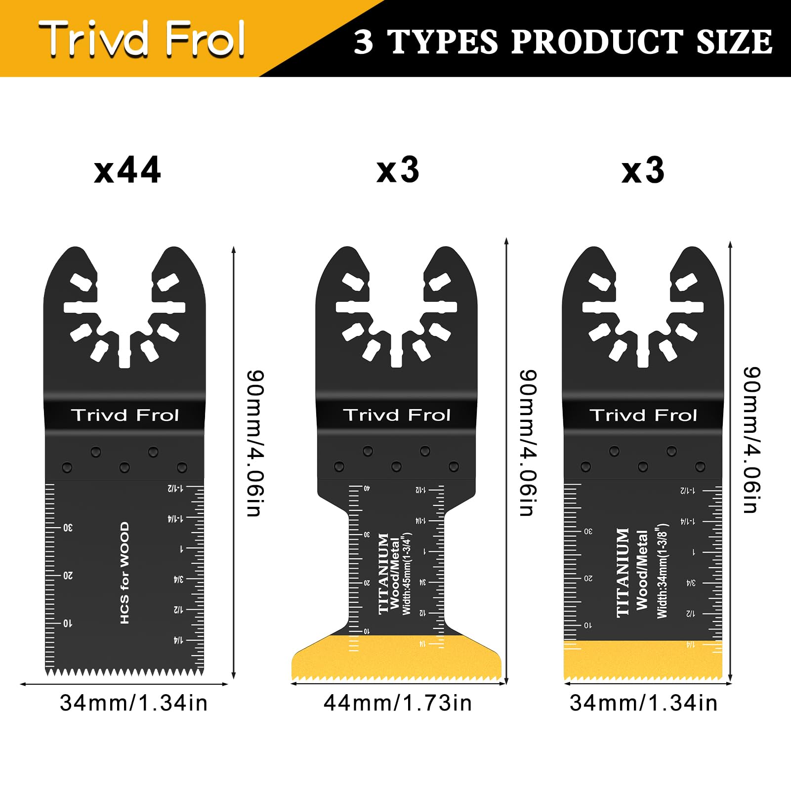 Trivd Frol 50PCS Oscillating Saw Blades, Professional Universal Titanium Multitool Blades for Wood Plastics Metal, Quick Release Multi Tool Blades Kits Fit Dewalt Ryobi Milwaukee Rockwell Fein